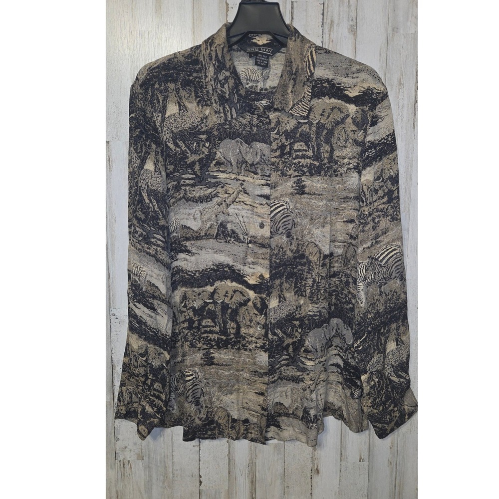 Ann May size L Button Shirt Top 100% Silk Safari Animals Long sleeve